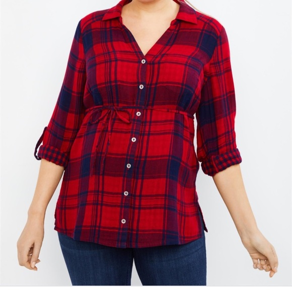 New Red Blue Plaid Checkered Maternity Button down top Medium Tunic Pregnancy - Picture 4 of 4